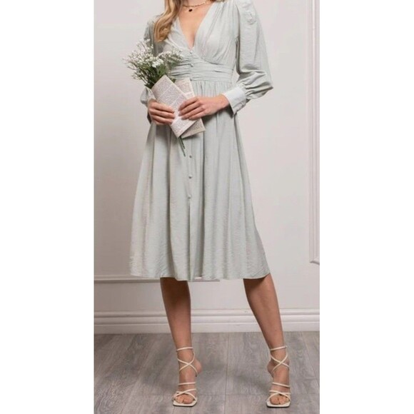 By The River NWT Mint Green Striped Dress Peasant Boho Size Medium Shimmery - Picture 6 of 16